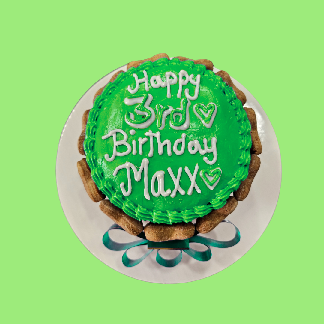 Dog Birthday Cake with Biscuits around.