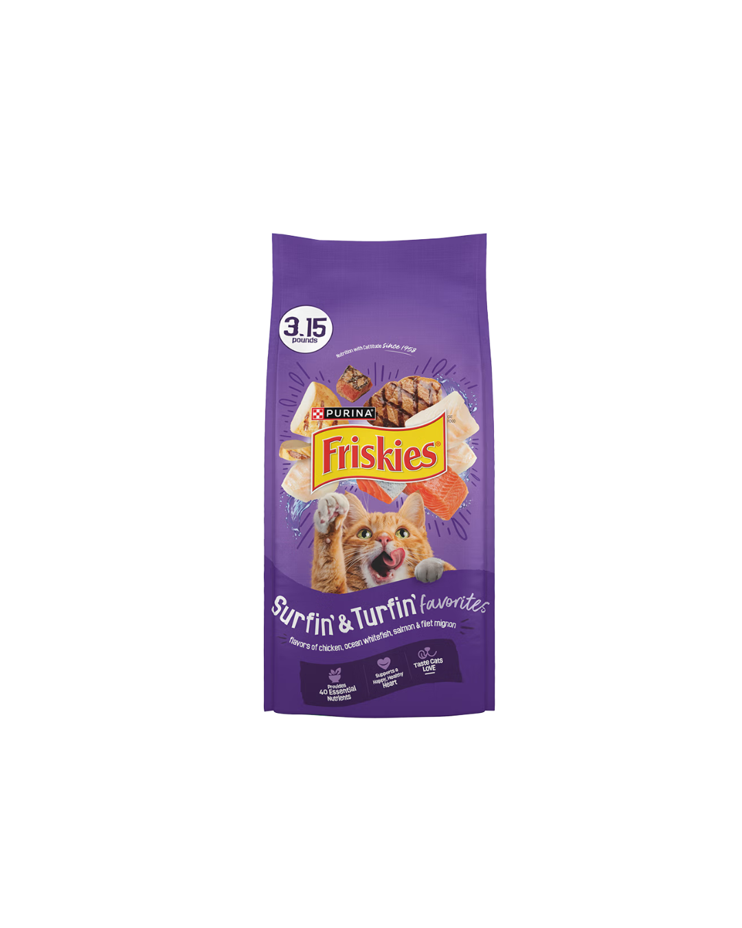 Friskies Surfin’ & Turfin’ Favorites Dry Cat Food With Flavors of Chicken, Whitefish, Salmon & Filet Mignon
