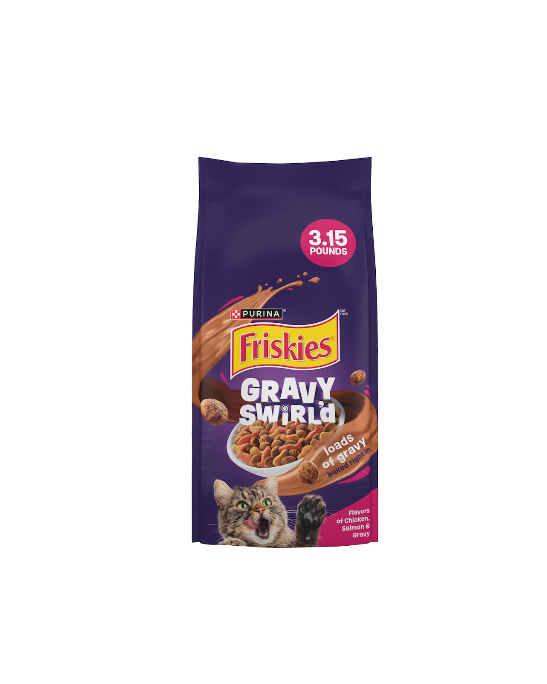 Purina Friskies Gravy Swirl’d Dry Cat Food With Flavors of Chicken, Salmon & Gravy
