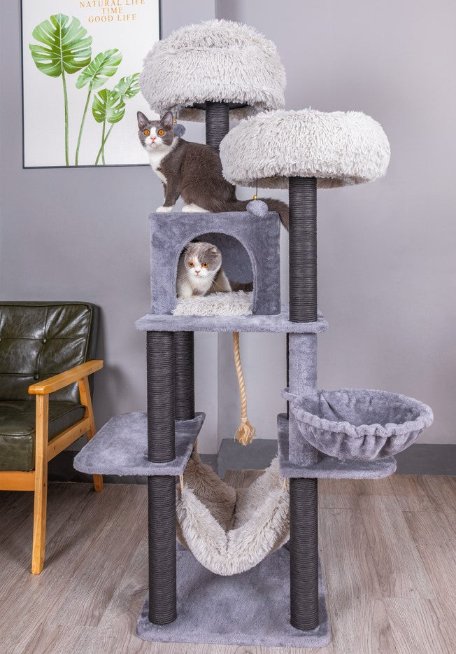 Catry Bradbury 7 Level Gray Cat Tree With Scratching Posts, Condo, Hammock and Two Shag Fur Cushions.