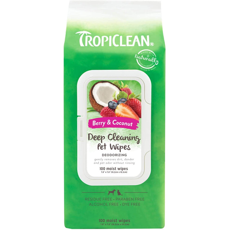 TropiClean Deep Cleaning Berry & Coconut Pet Wipes - Packet of 100 Moist Wipes