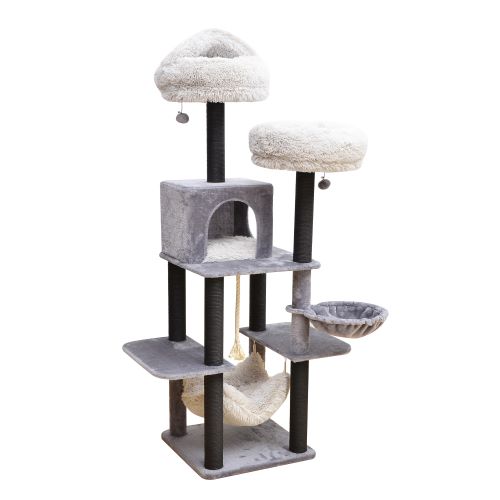 Catry Bradbury 7 Level Gray Cat Tree With Scratching Posts, Condo, Hammock and Two Shag Fur Cushions.