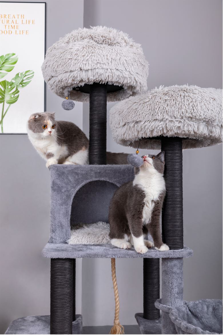 Catry Bradbury 7 Level Gray Cat Tree With Scratching Posts, Condo, Hammock and Two Shag Fur Cushions.