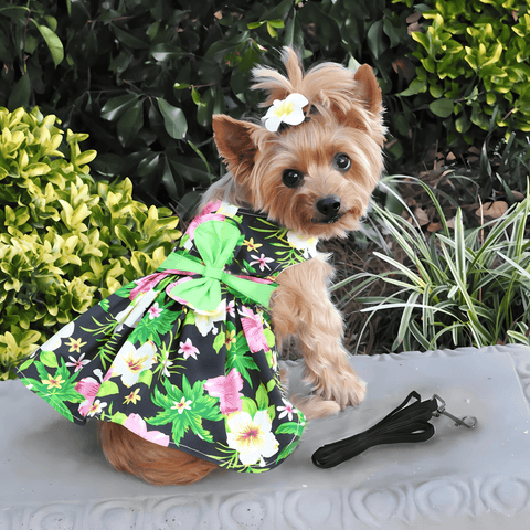 Doggie Design Twilight Black Hawaiian Hibiscus Dog Dress with Leash